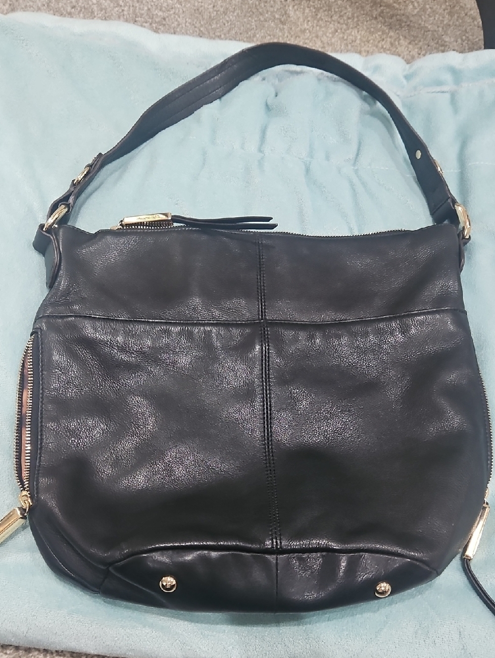 b. makowsky Black Leather Shoulder Bag with Gold Hardware